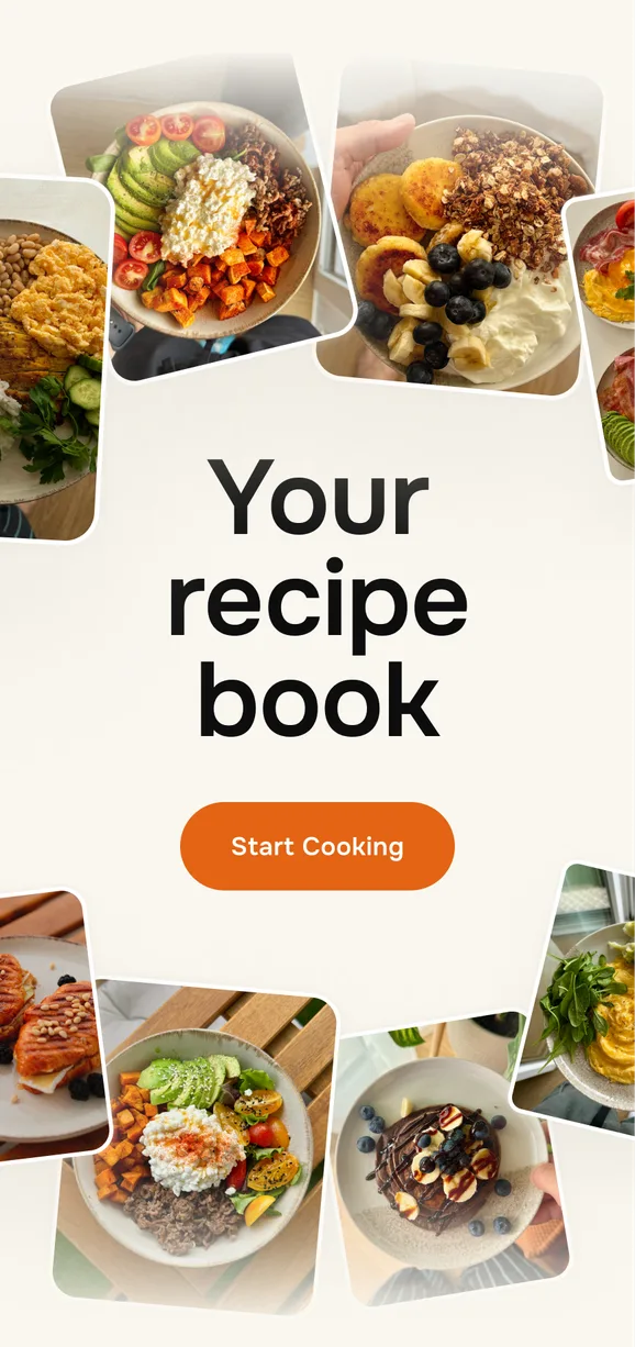 Yams app home screen: "Your recipe book" with a Start Cooking button, surrounded by photos of saved dishes